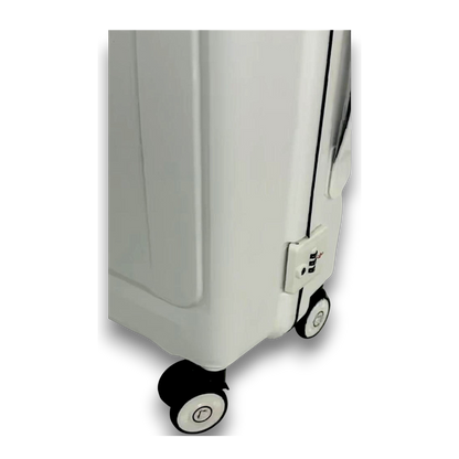 Close-up of a suitcase with wheels on a white background
