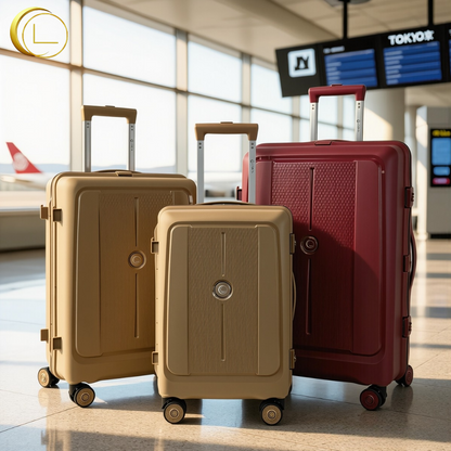 Two beige suitcases and one red suitcase in an airport setting