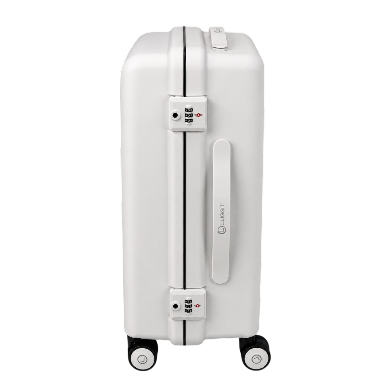 White suitcase with a combination lock on a white background luggit