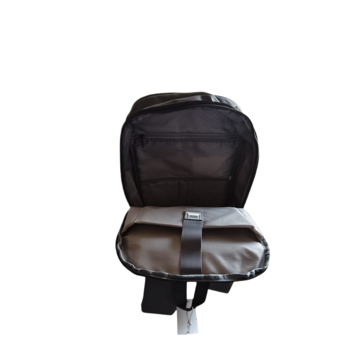 Black backpack with a gray interior on a white background