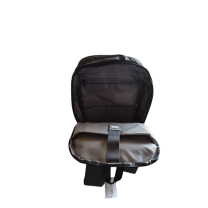 Black backpack with a gray interior on a white background