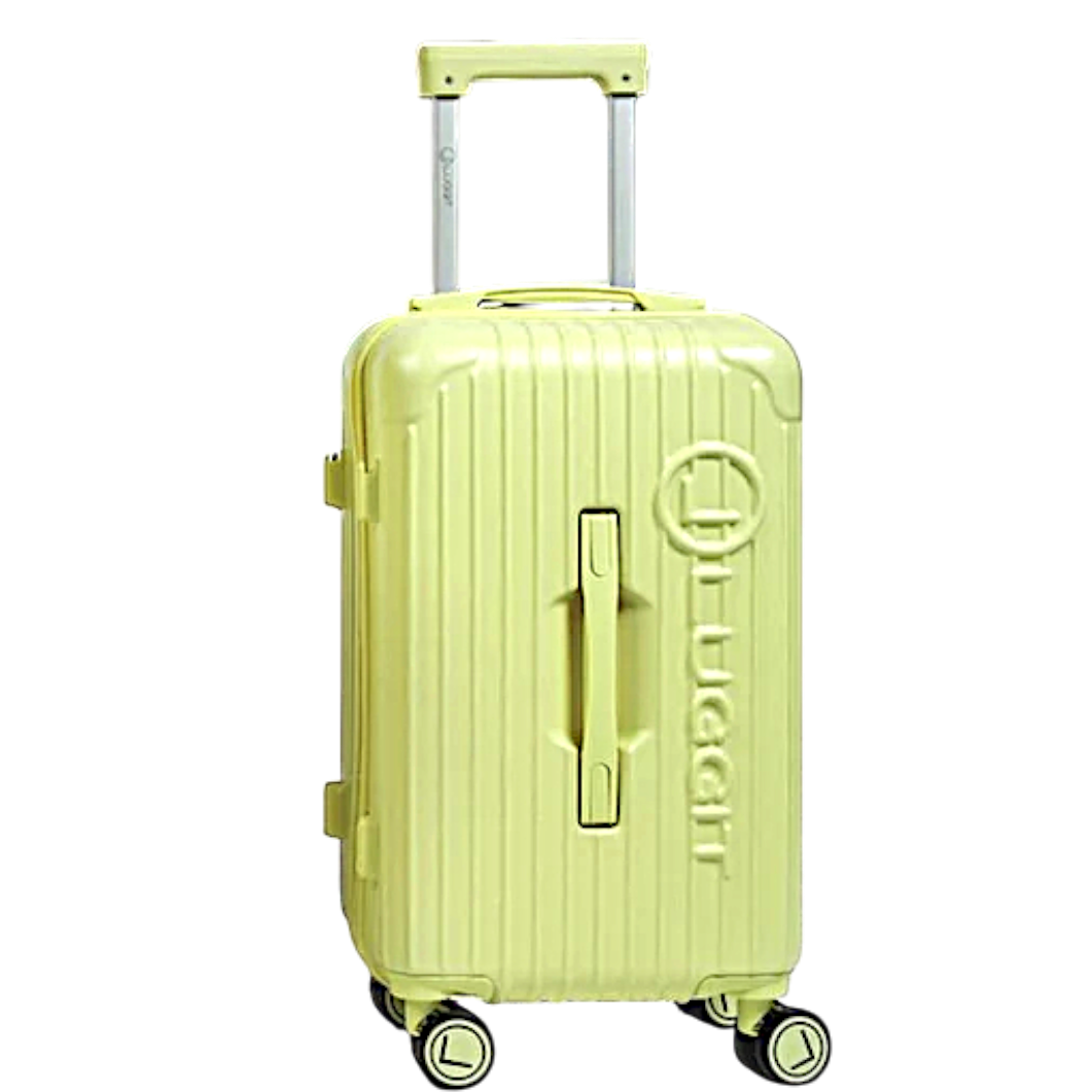 Yellow suitcase with a visible brand logo on a white background