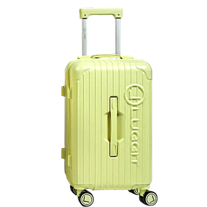 Yellow suitcase with a visible brand logo on a white background