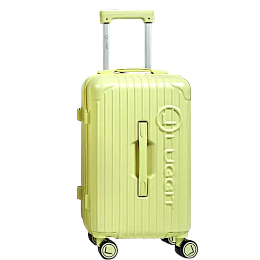 Yellow suitcase with a visible brand logo on a white background