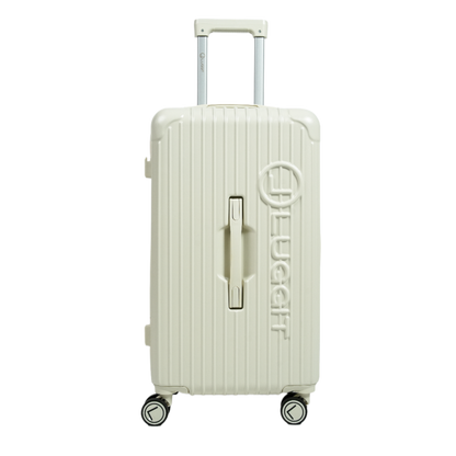 White suitcase with visible brand logo on a white  luggit