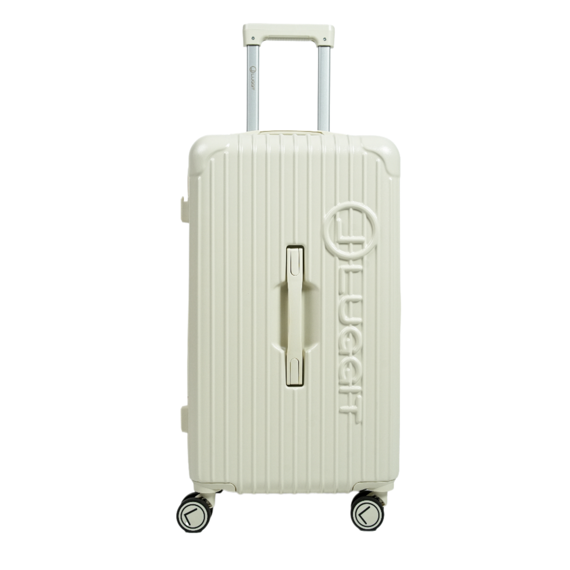 White suitcase with visible brand logo on a white background