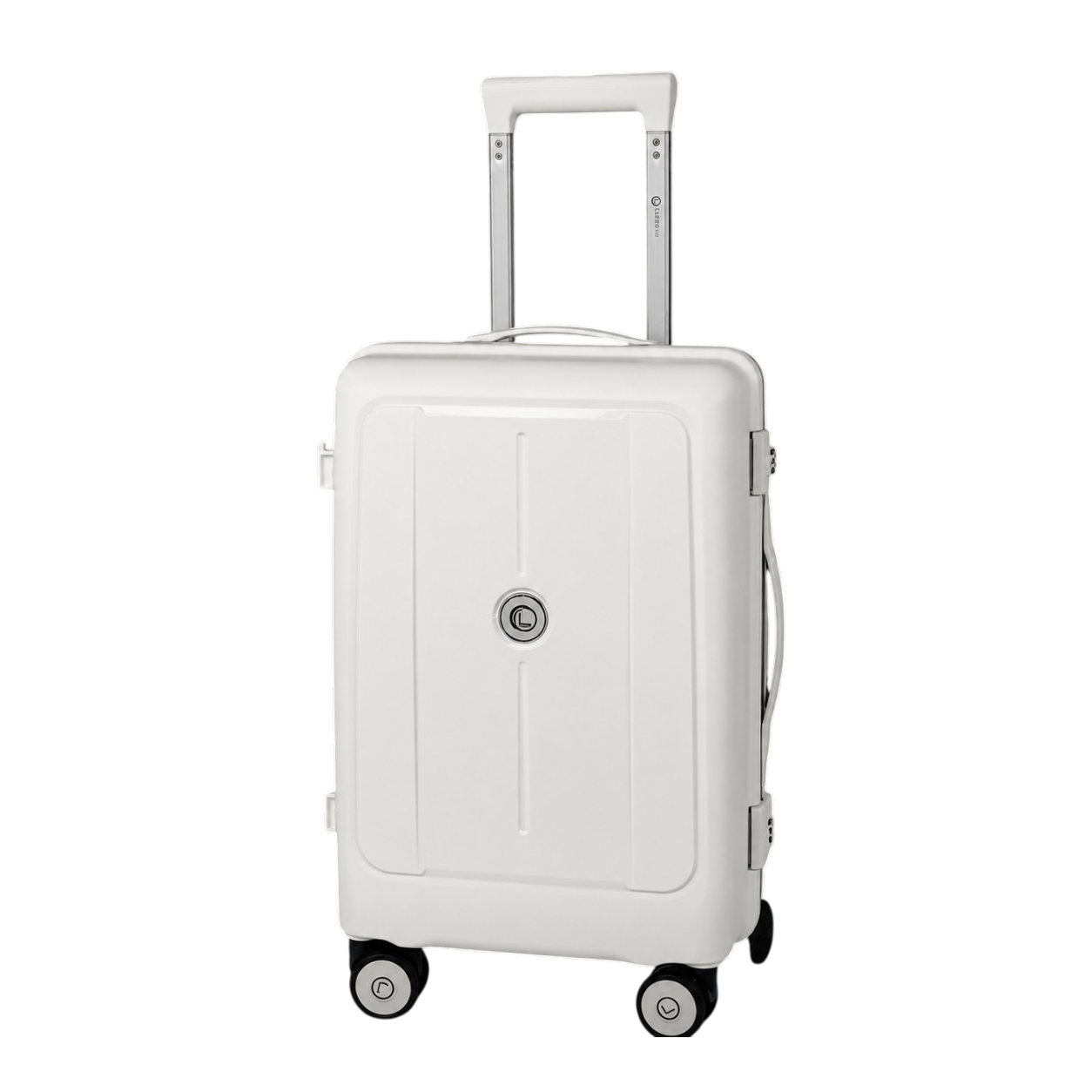 White suitcase with a visible brand logo on a white background luggit