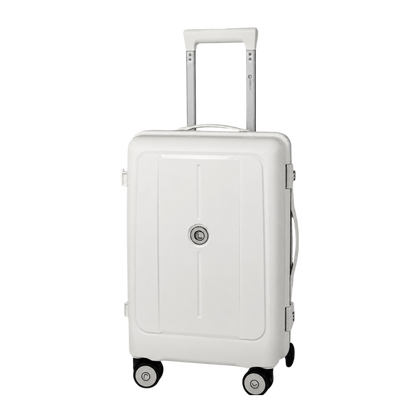 White suitcase with a visible brand logo on a white background luggit