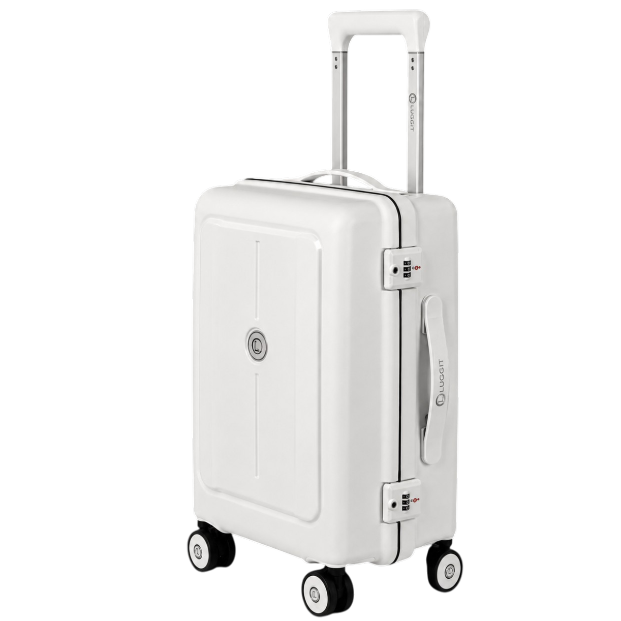 White suitcase with a handle on a white background luggit
