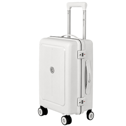 White suitcase with a handle on a white background luggit