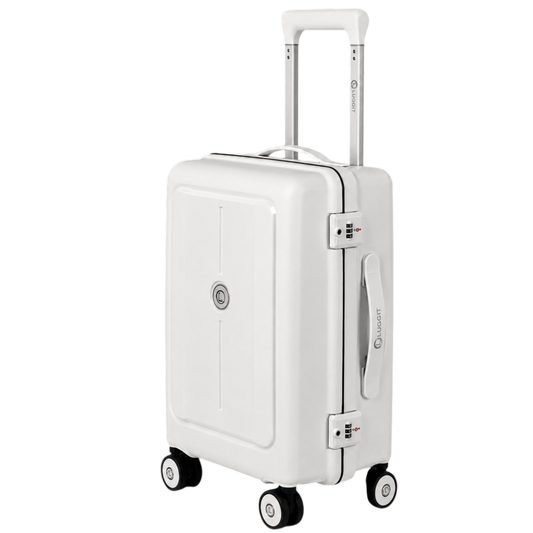 White suitcase with a handle on a white background luggit