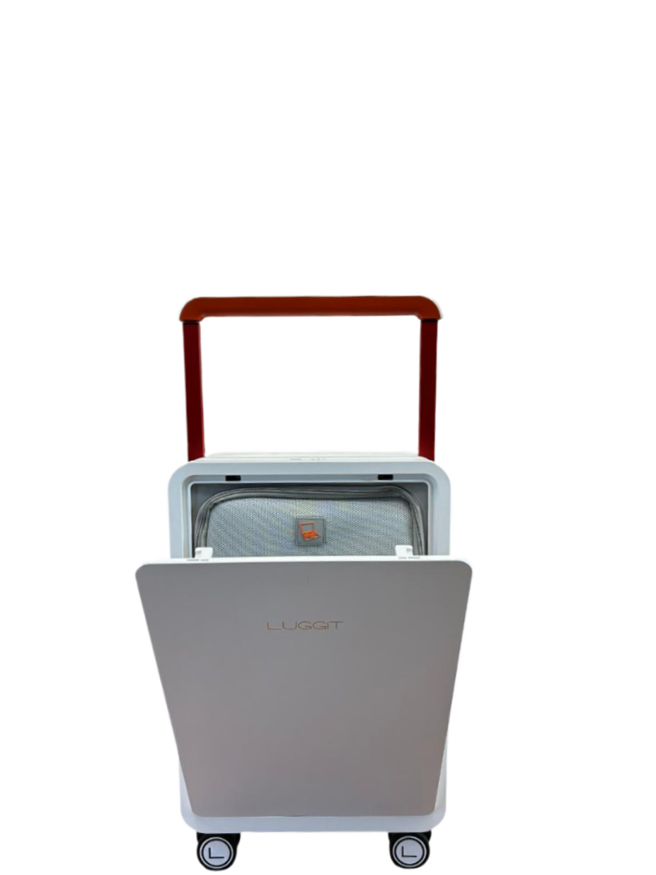 Gray suitcase with a red handle on a white background