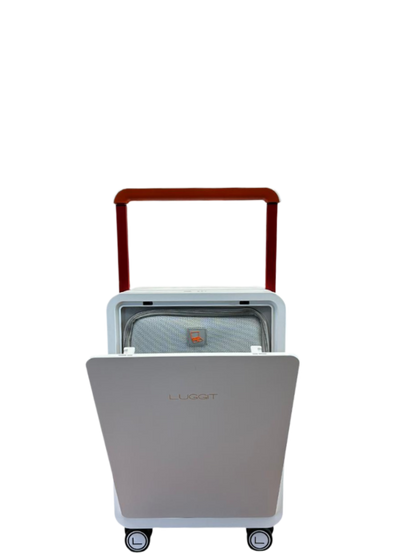 Gray suitcase with a red handle on a white background