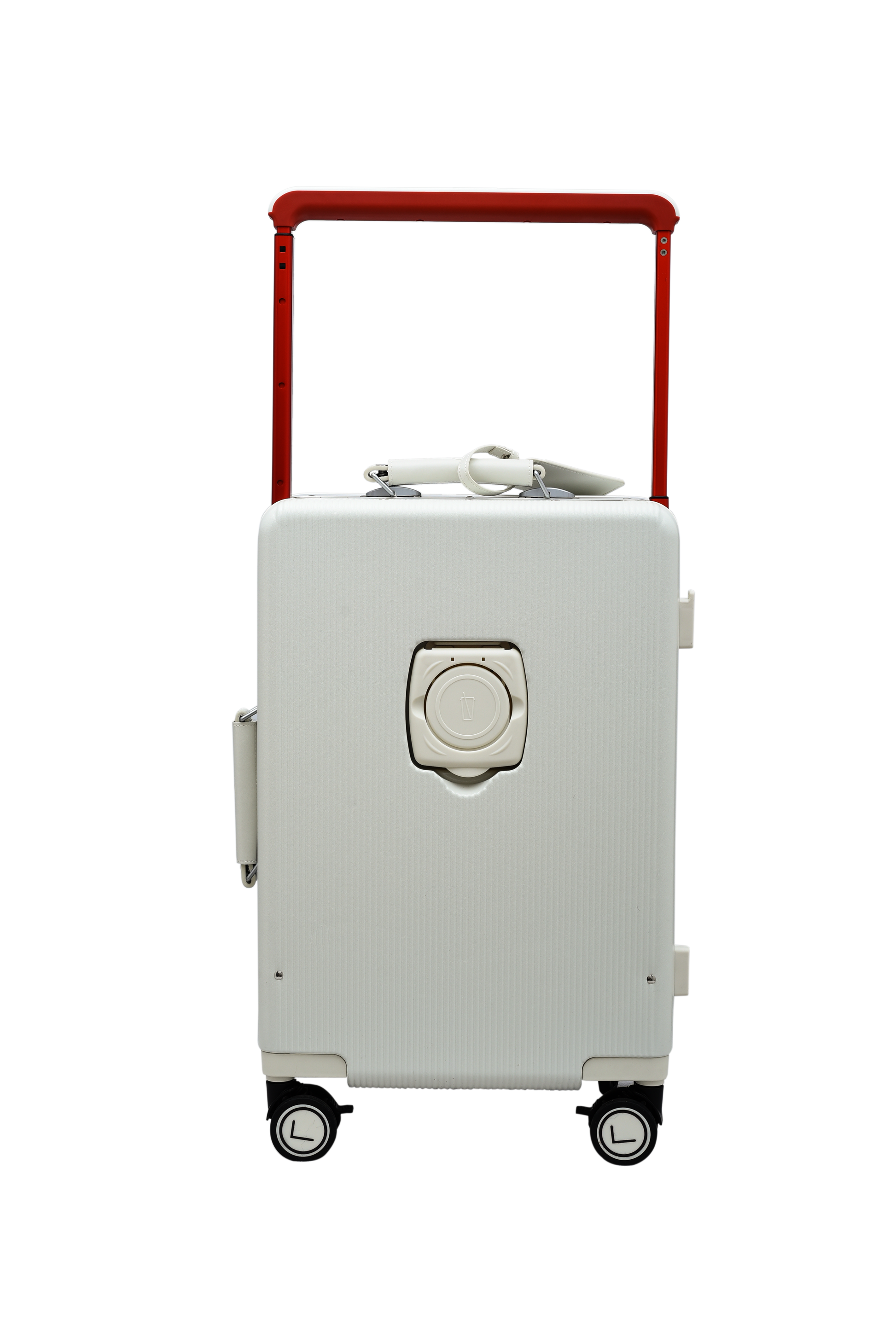 White suitcase with a red handle on a white background