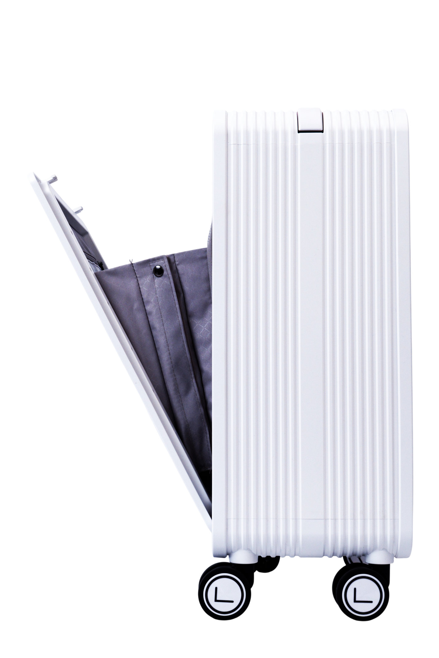 White ribbed suitcase with open front compartment on a white background