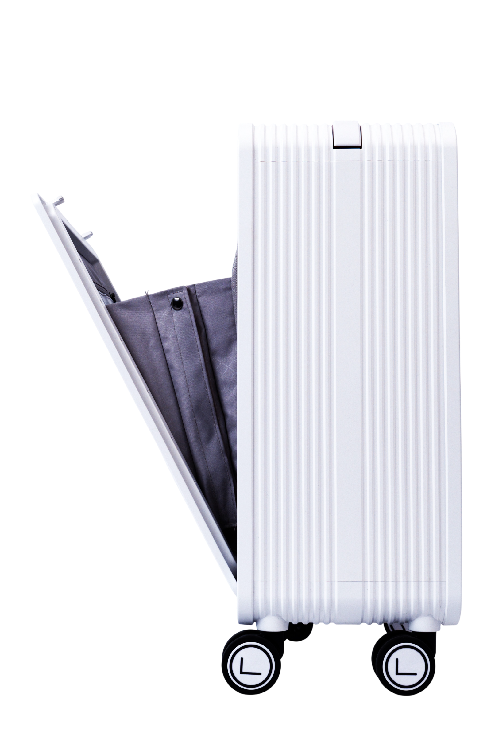 White ribbed suitcase with open front compartment on a white background