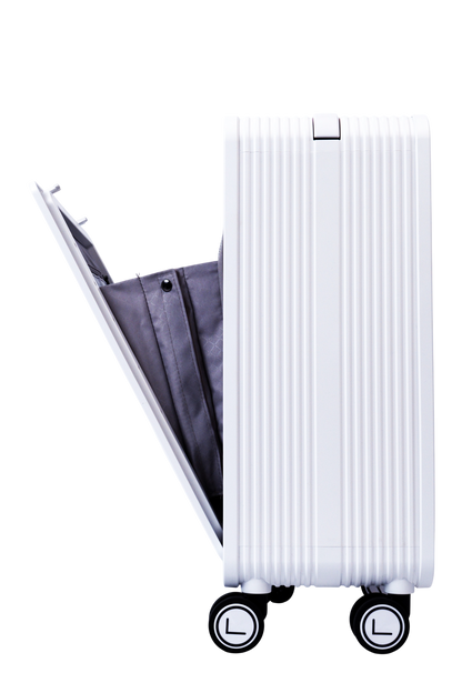 White ribbed suitcase with open front compartment on a white background