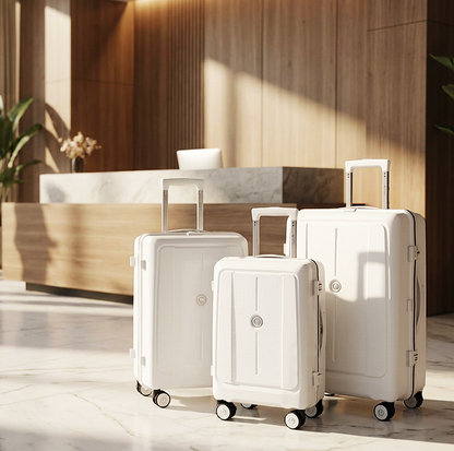 Three white suitcases of different sizes in a modern indoor setting. luggit