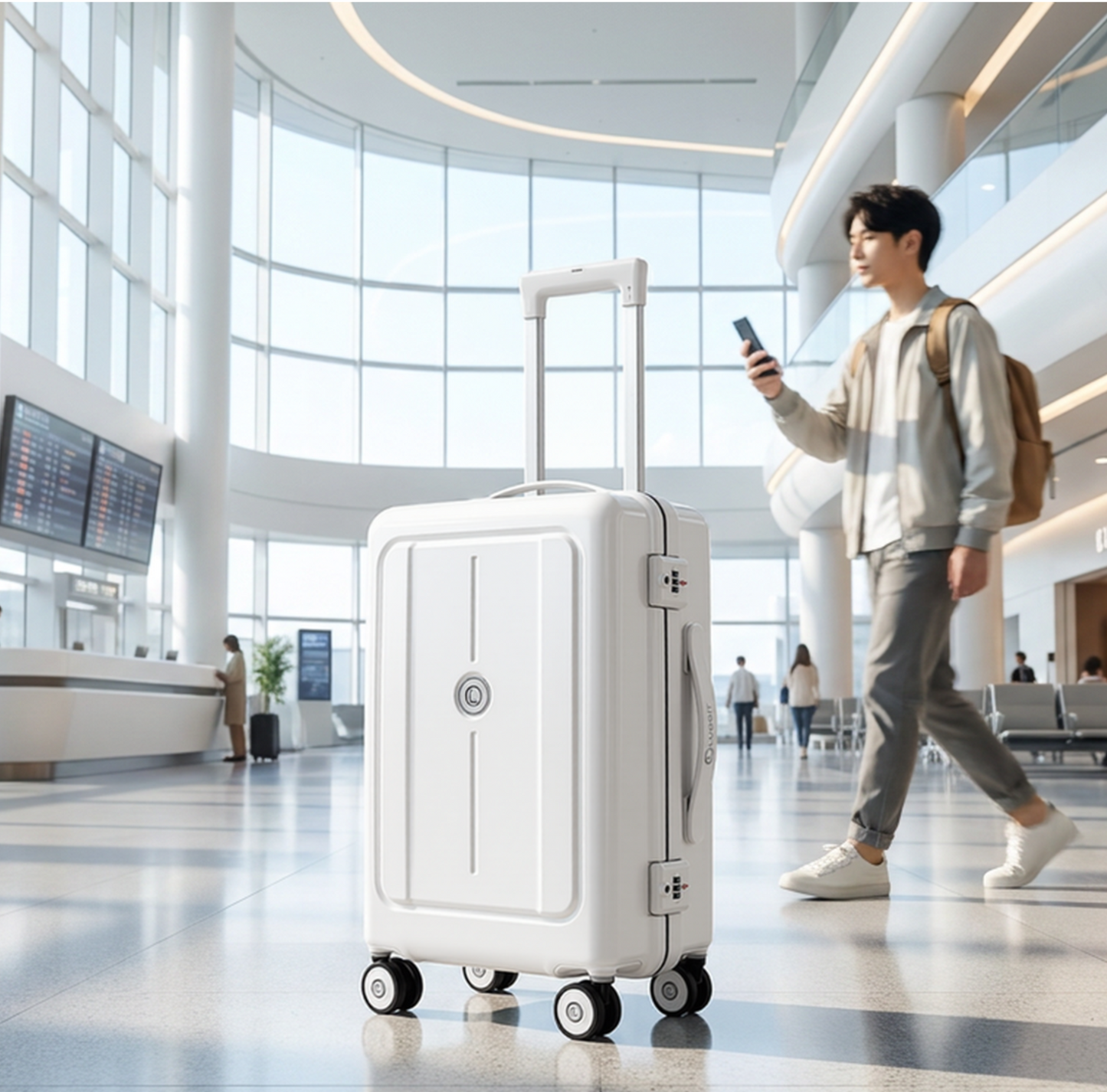 Man with a white suitcase in an airport terminal