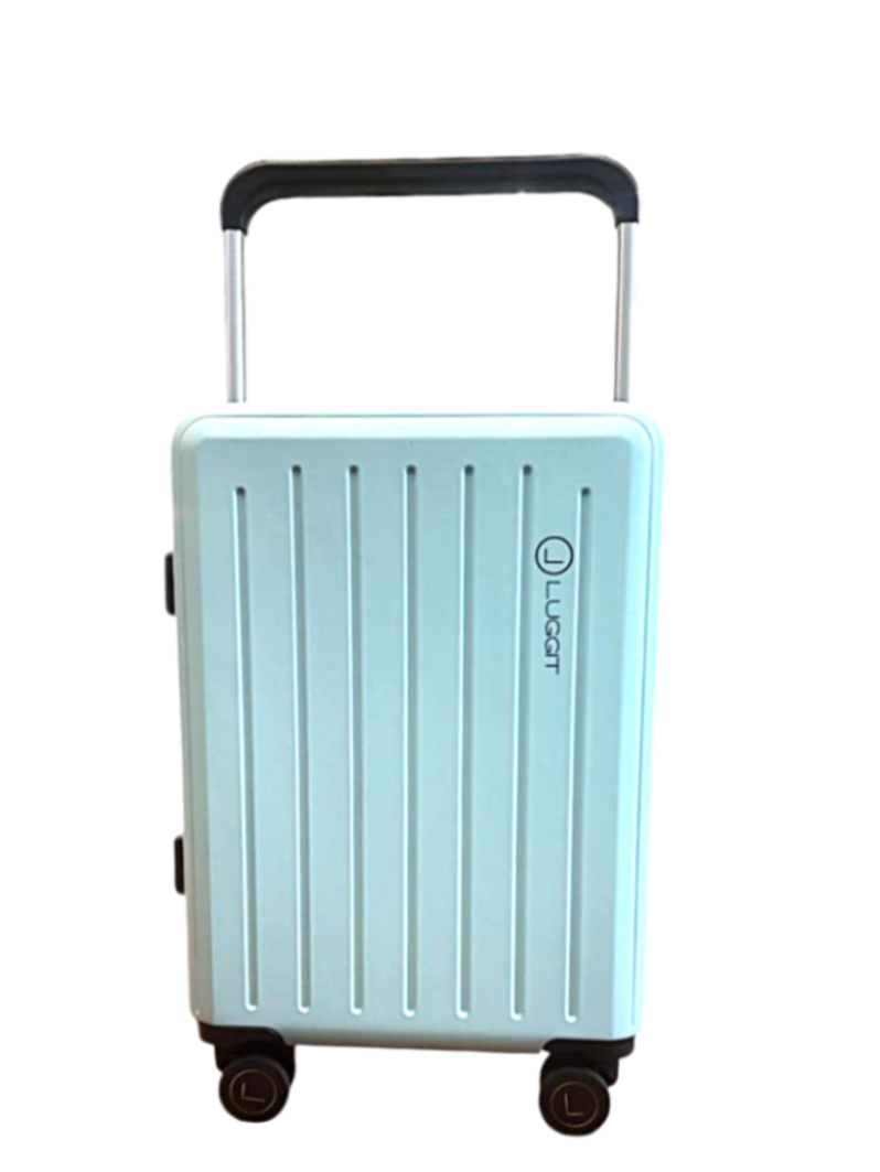 Light blue suitcase with a handle on a luggit