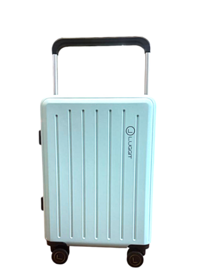 Light blue suitcase with a handle on a luggit