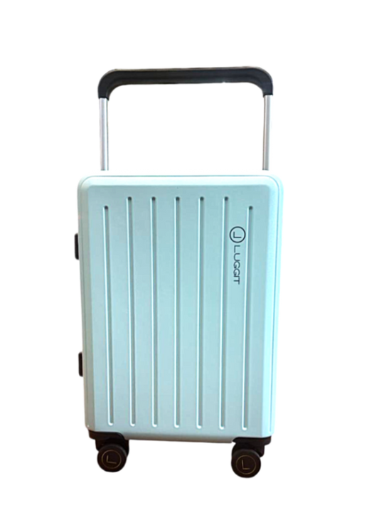 Light blue suitcase with a handle on a luggit
