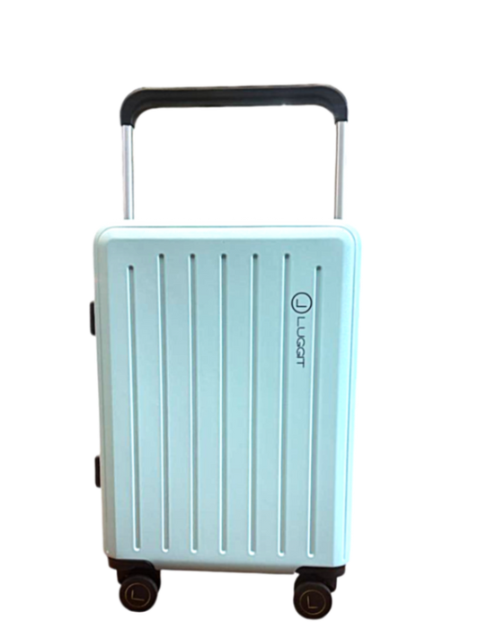 Light blue suitcase with a handle on a luggit
