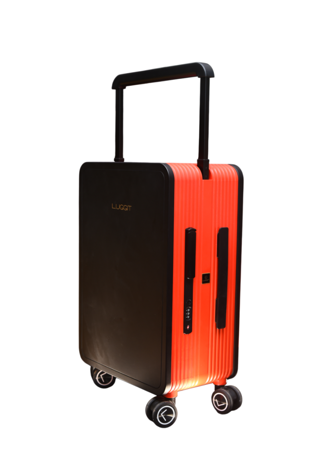 Black and orange suitcase with 'LUGGIT' branding on a white background