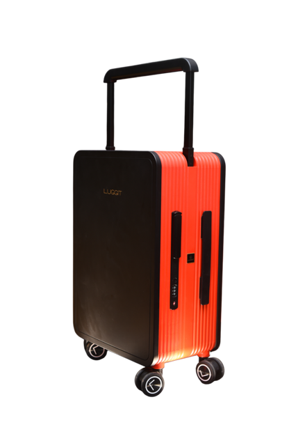 Black and orange suitcase with 'LUGGIT' branding on a white background