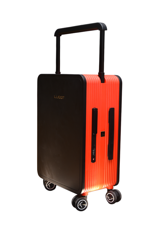 Black and orange suitcase with 'LUGGIT' branding on a white background