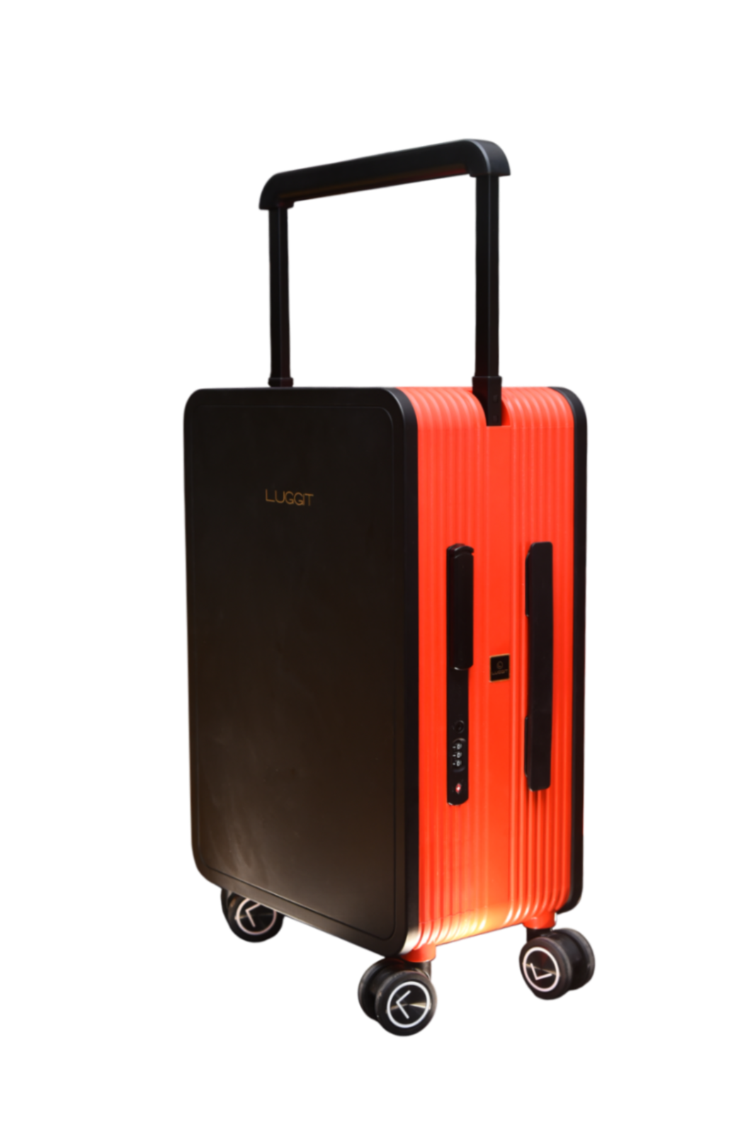 Black and orange suitcase with wheels on a white background