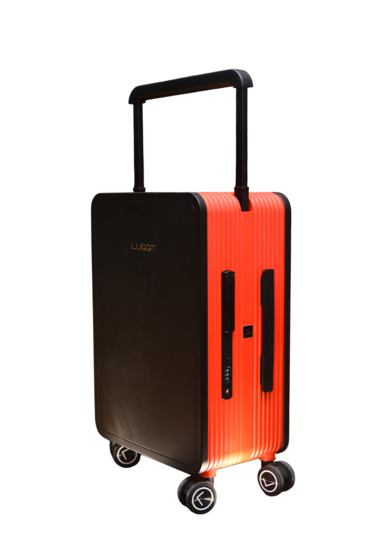 Black and orange suitcase with wheels on a white background